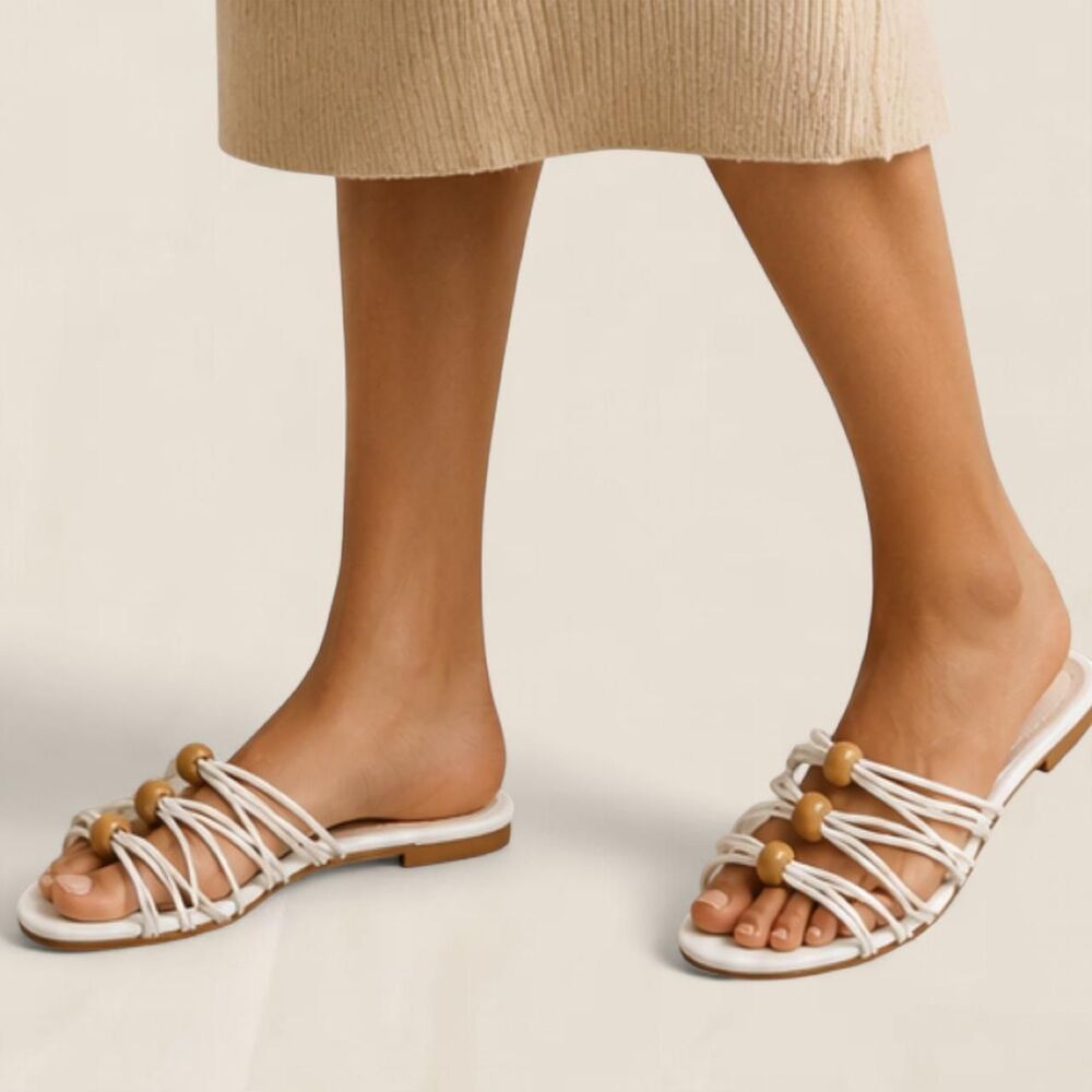 Schutz Aster White Strappy Slide Wooden Bead Detail Sandals Size 7 NEW